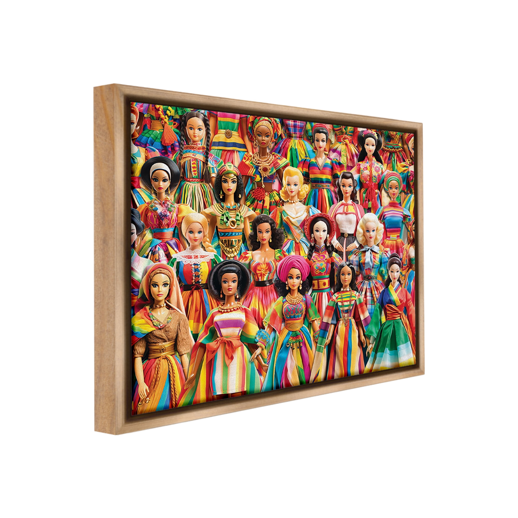 Stupell Industries Various Cultural Dolls Novelty Painting Brown Floater Framed Canvas Art Print Wall Art, 21 x 17