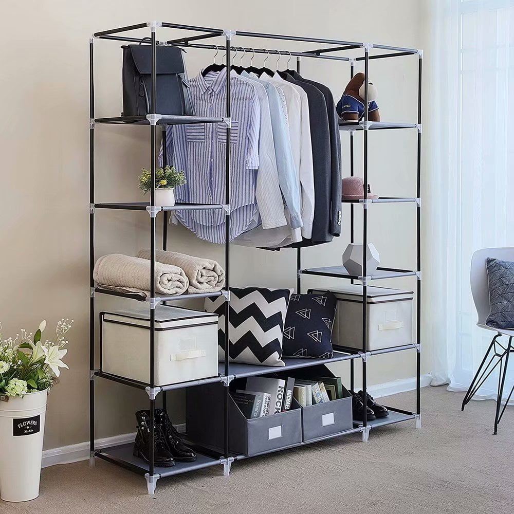 Portable Clothes Closet Wardrobe with Non-Woven Fabric and Hanging Rod  Quick and Easy to Assemble Gray,58