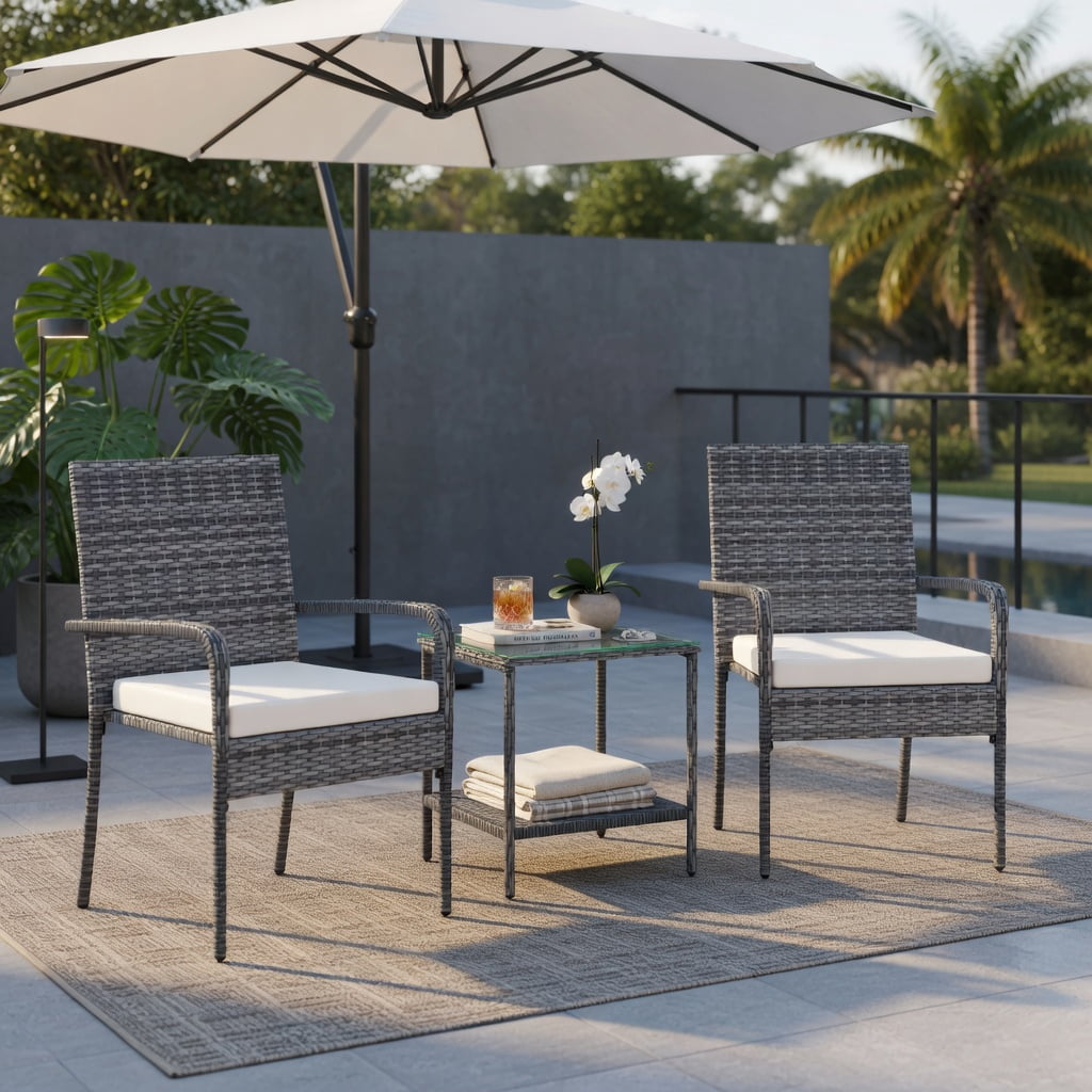 Hommoo 3-Piece Modern PE Rattan Patio Furniture Set with Cushions, Tempered Glass Tabletop, and Reinforced Metal Frame, Ideal for Balcony, Porch & Backyard, White
