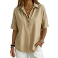 thumbnail image 4 of Women Loose Fit Polo Collar Short Sleeve Button Down Shirt Casual Relaxed Blouse Lightweight Summer Top for Daily Wear Khaki 2XL, 4 of 7