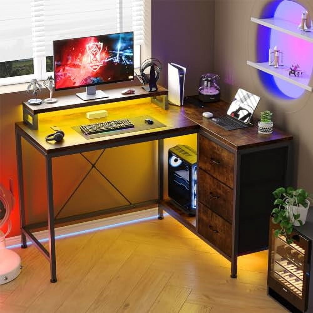 Roromall L Shaped Desk with Power Outlets & LED Lights, Computer Desk with Drawers & Shelves, Corner Desk Gaming Desk Home Office Desk