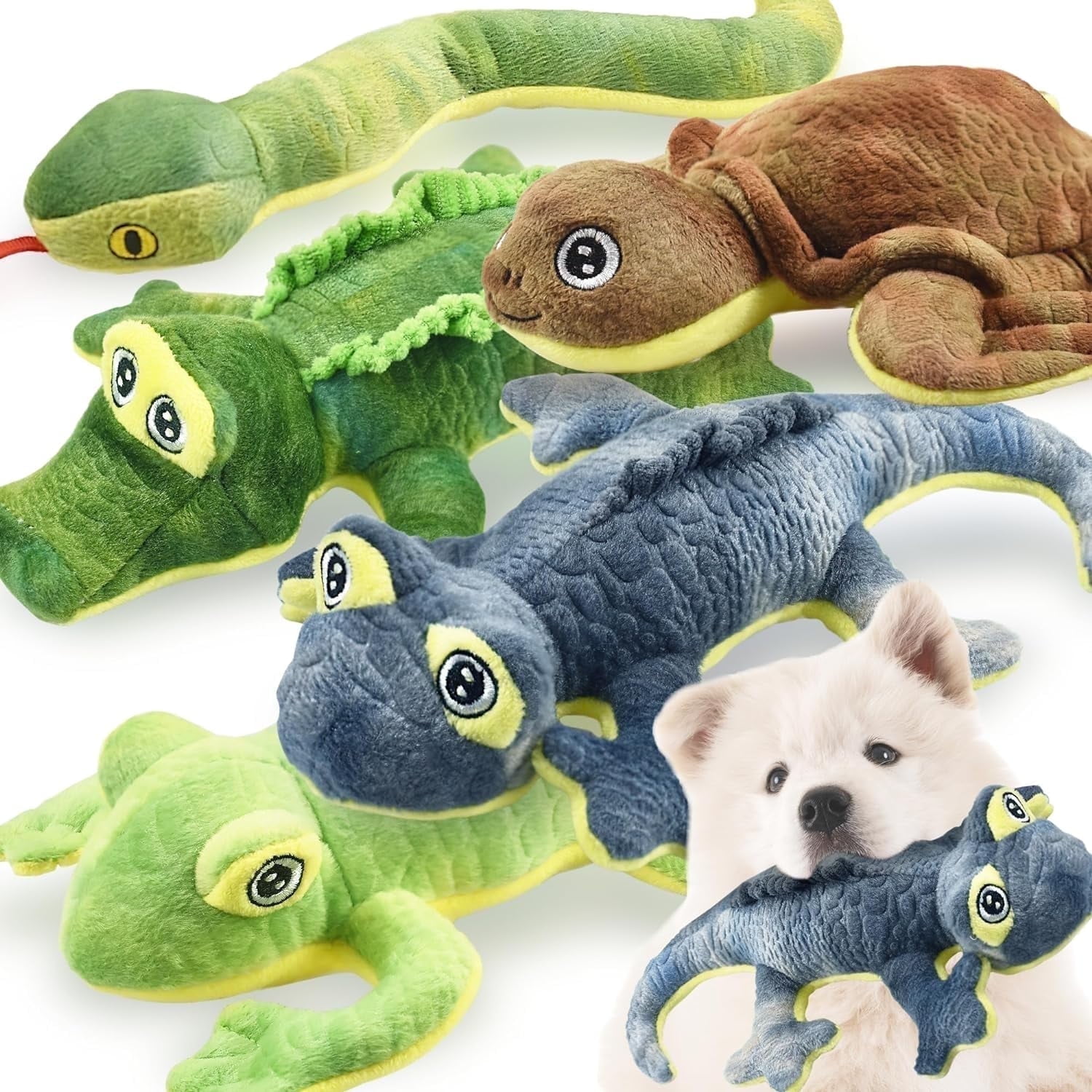 LECHONG Christmas Dog Toys for Aggressive Chewers, Woodland Series Chewable 5-Piece Stuffed Animal Toys Bundle with Alligator, Frog, Turtle, Lizard, Snake for Chewing (5 Pack)