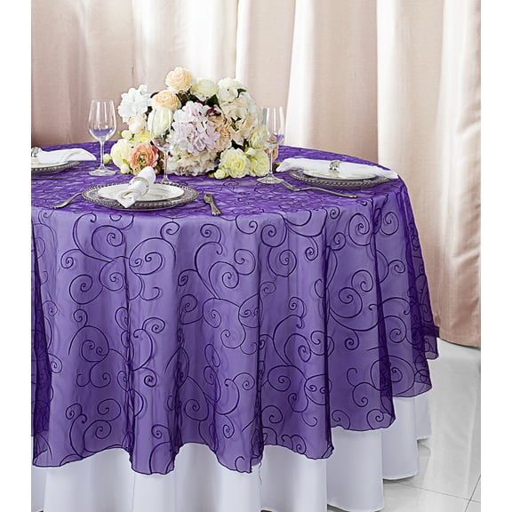 Wedding Linens Inc. 108" Round Seamless Embroidered Organza Table Overlay Tablecloth - Regency Purple