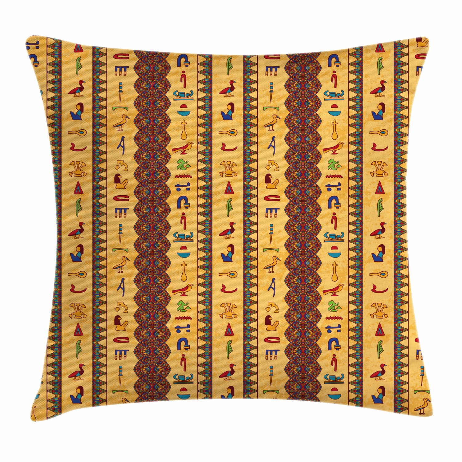 Egyptian Throw Pillow Cushion Cover, Ancient Hieroglyphs and Floral