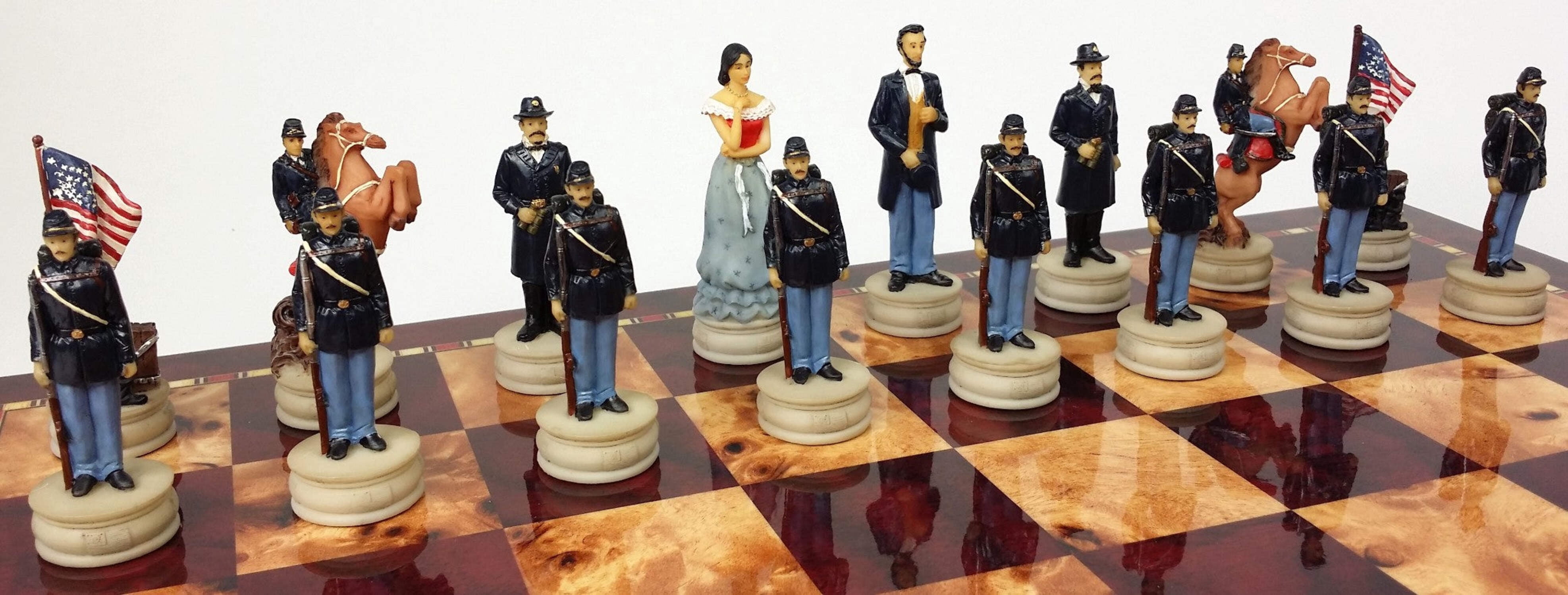 US American Civil War Queens Chess Set W 18" Cherry  Burlwood Color Board