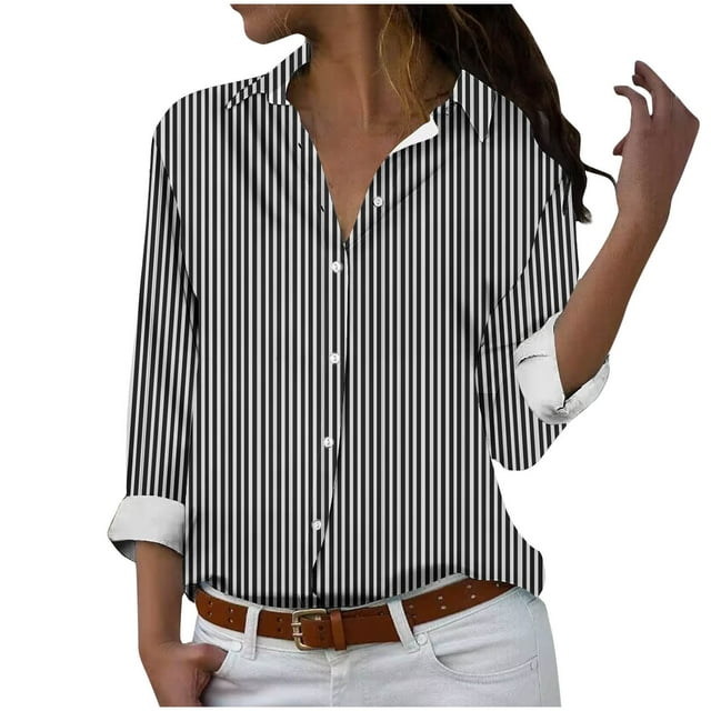 cfhntfmh Women's Button down Shirts Lounge Striped Print Long Sleeve Collared Blouses Fall Loose Work Tops