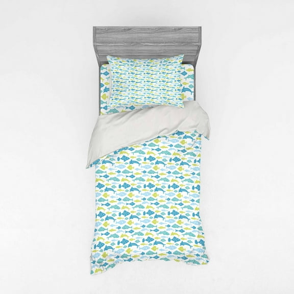 Fish Duvet Cover Set, Various Breed Aquatic Animals in Geometric Silhouette Style, Bedding Set with Shams and Fitted Sheet, 3 Sizes, by Ambesonne