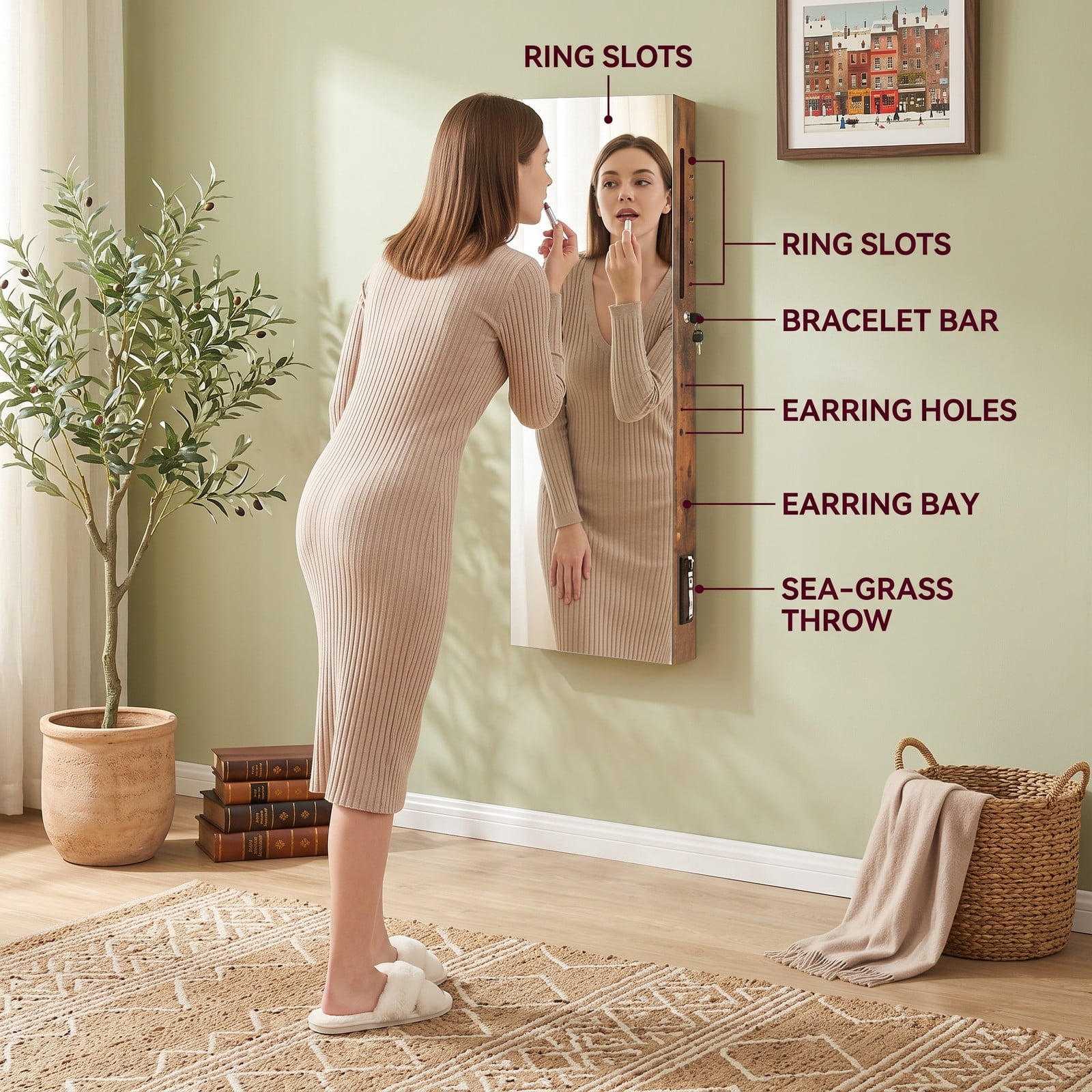 Furnibear 43.5 Inch Jewelry Armoire Cabinet with Full Length Mirror and Adjustable Hangers for Bedroom and Entryway, Rustic Brown
