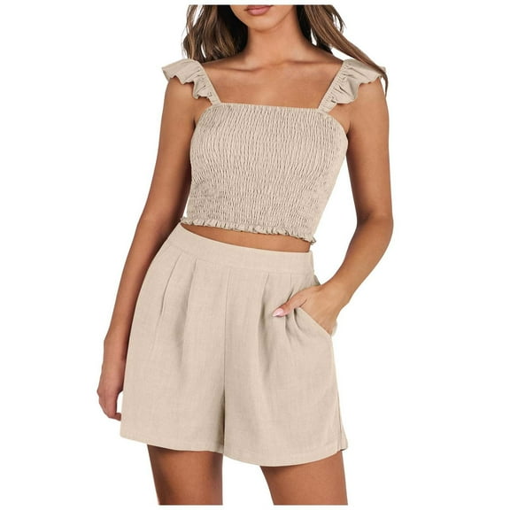 RMGVDSD Women's 2 Piece Summer Outfits Fashion Sleeveless Ruffle Strap Crop Tank Tops & Pocketed Shorts Casual Sets Summer Outfits Travel Tracksuit