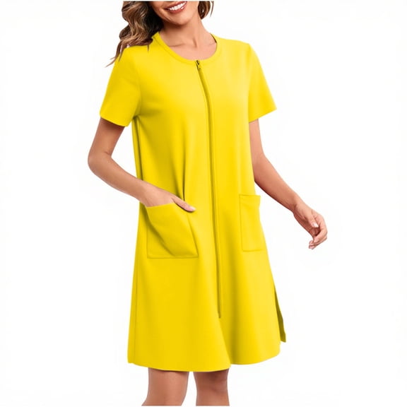 PUMISAS Zip Up Nightgown For Women Cocktail-Length Crew Neck Dresses Casual Loose Dress Short Sleeve Home Elastic Waist Dresses With Pockets