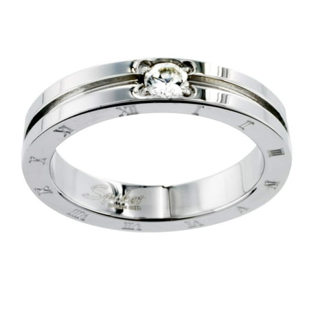 - West Coast Jewelry Stainless Steel CZ Etched Roman Numeral Design Ring