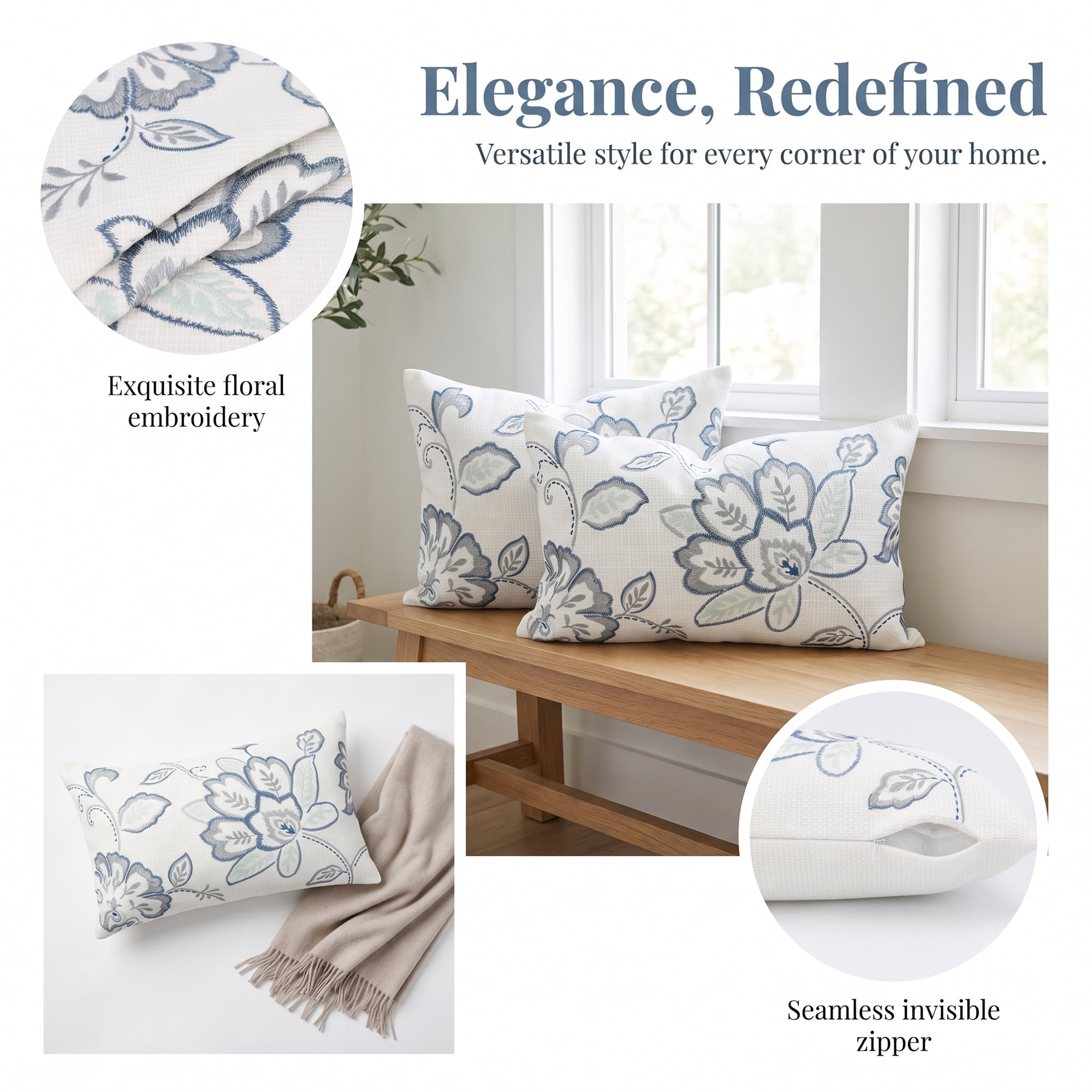 Unique Bargains Embroidered Floral Throw Pillow Cover Rustic Cushion Case Blue 20"x12"