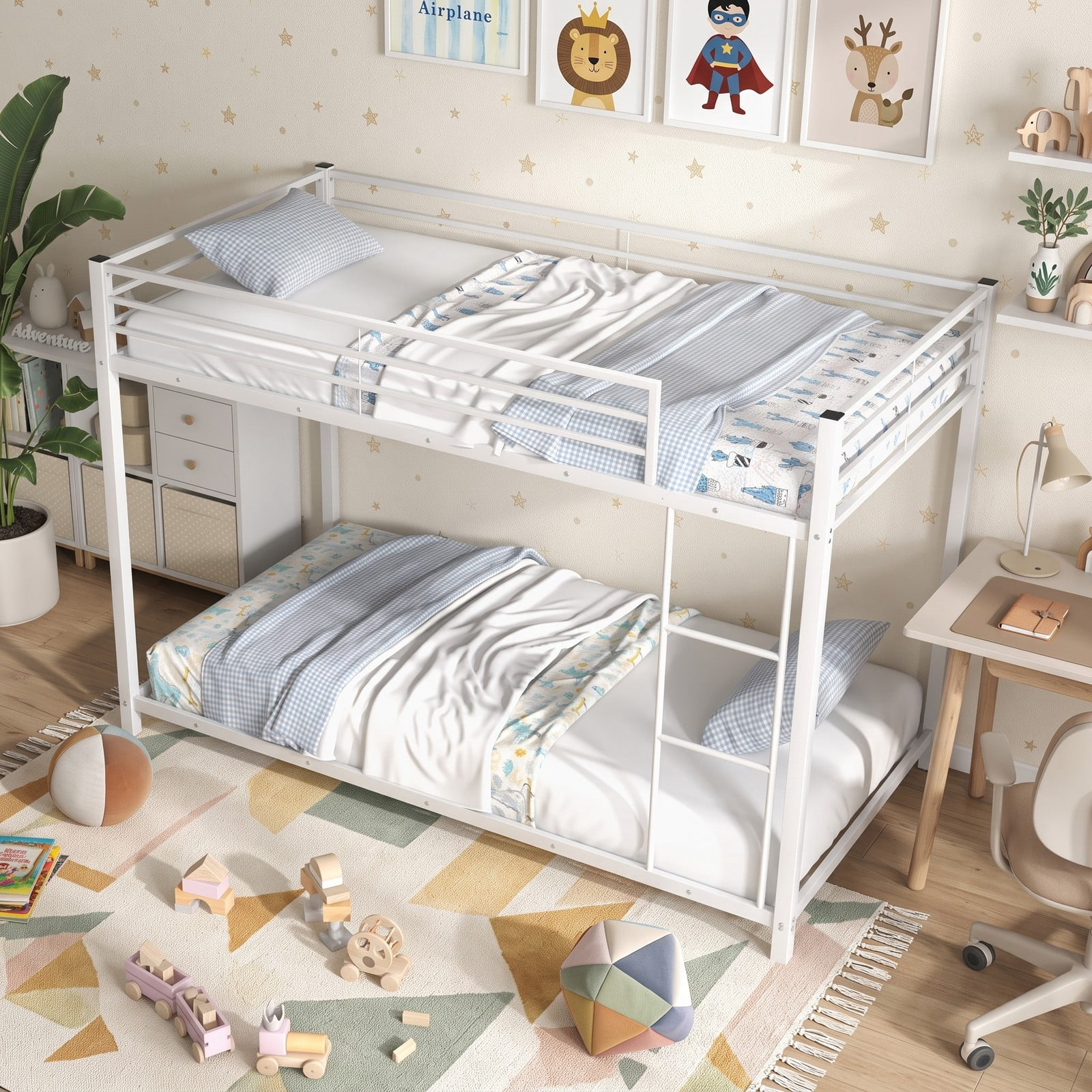 Furnibear Low Profile Twin Over Twin Metal Bunk Bed with Full-length Guardrails and Ladder for Kids and Shared Bedrooms, White