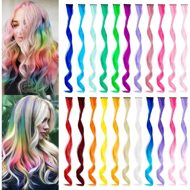 LAICAIW 22 Pcs Extensions de Cheveux Colorées Bouclées Ondulées Accessoires pour Filles Femmes Enfant, Mèches de Fête Multicolores à Clipser Postiche Arc-en-Ciel Synthétique (Ensemble Coloré)