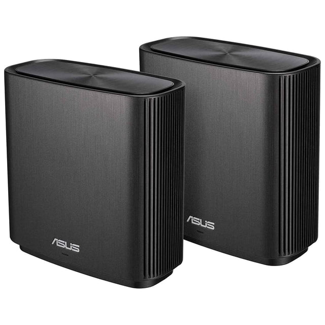 router inalambrico asus zenwifi ac ct8 ac3000 tri banda 2 pack negro vista 3/4 frontal de dos unidades negras rectangulares con bordes redondeados, rejillas verticales de ventilación y tapas superiores lisas; logotipo ASUS en frente, especificado disipador doble y antenas 45° para cobertura en varios pisos, compatible con tecnología AiMesh para red de malla fácil de configurar; también suele usarse para extender cobertura en hogares grandes.
