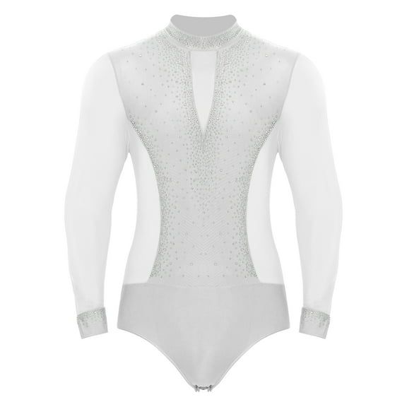 HULIJA Men's Latin Dance Leotard Shirt Long Sleeve Ballet Bodysuit Rumba Jazz Dance Top White XXL