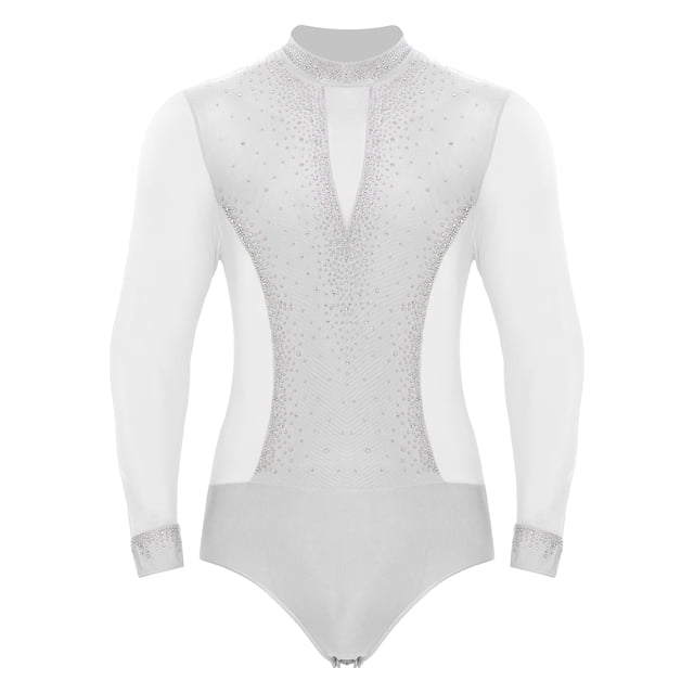 YONGHS Justaucorps de Danse Samba Rumba pour Hommes en Maille Transparente à Manches Longues Blanc G