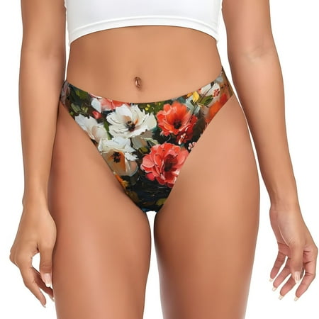 Qokaie Elegant Floral Vase Painting Printed Women s Cotton Thong Underwear  Sexy Breathable Panties G-string-Medium