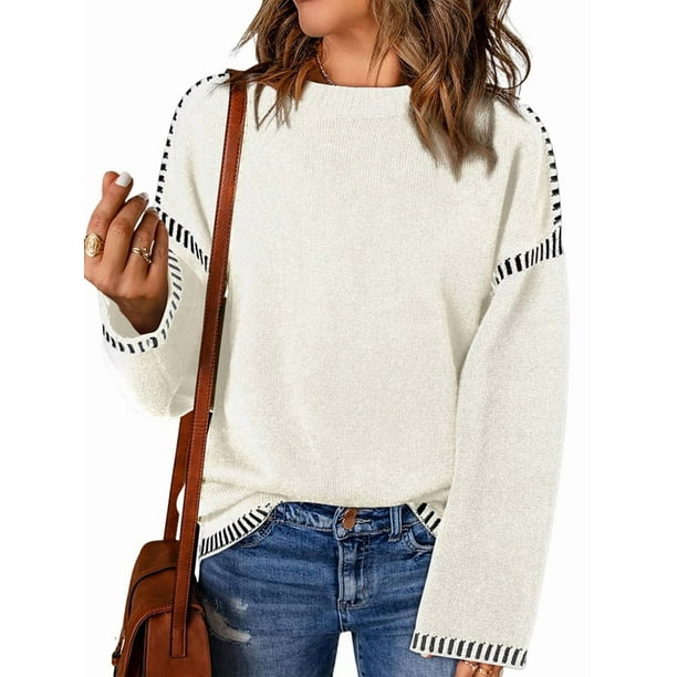 Suéteres para Mujer, Cuello Redondo Liso, Corte Holgado, Larga, Punto en Contraste, Jersey, Tops L