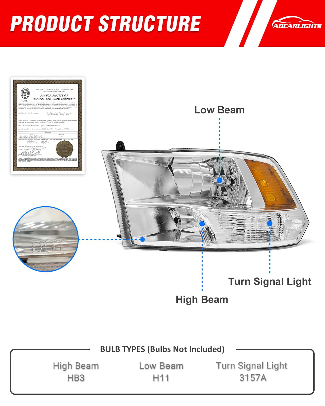 ADCARLIGHTS for 2009 2010 2011 2012 2013 2014 2015 2016 2017 2018 Dodge Ram Headlight Assembly compatible with 09-18 Ram 1500/10-18 Ram 2500 3500 Chrome Housing Amber Reflector Headlamp Replacement