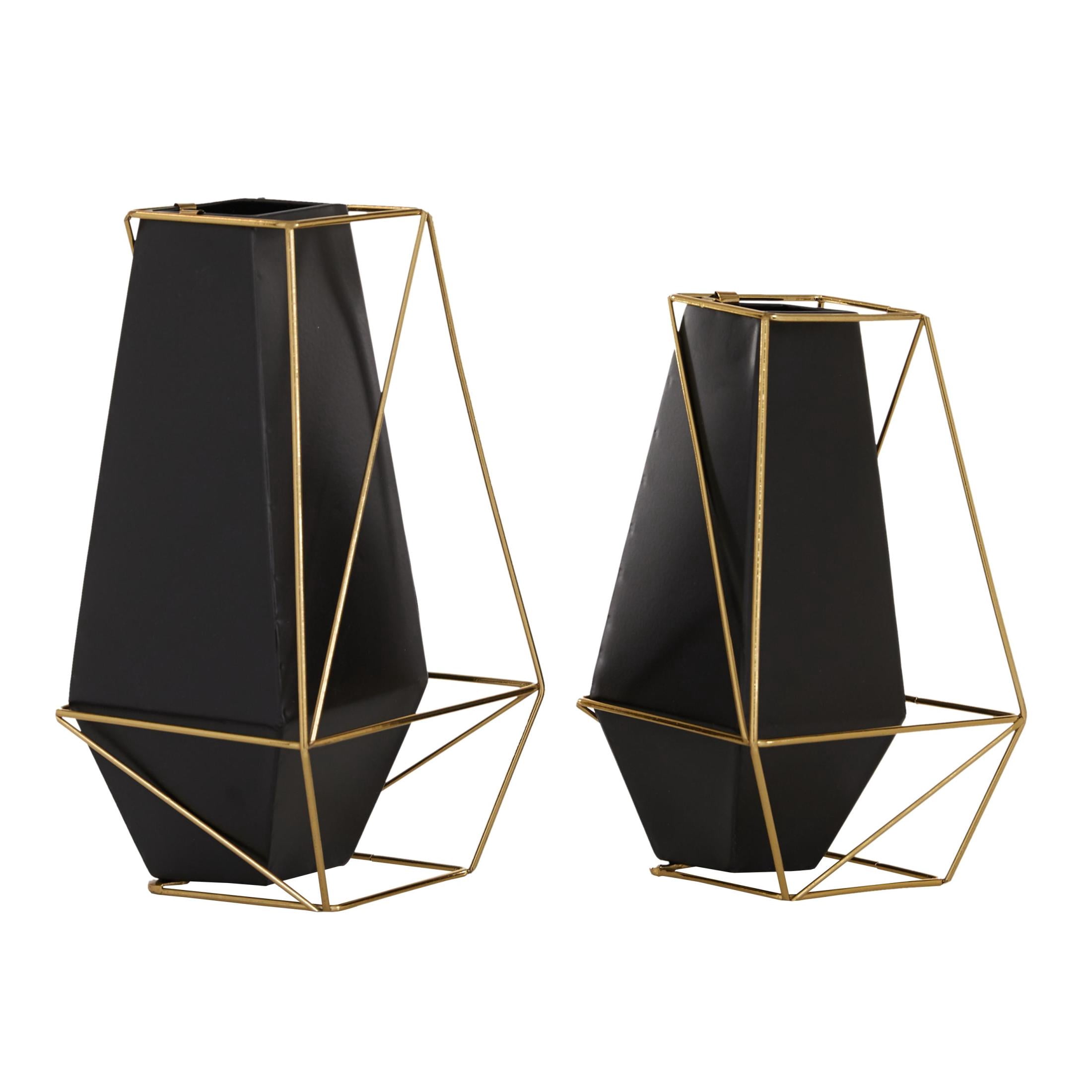 DecMode 11", 9"H Geometric Black Metal Vase with Gold Wire Accents, Set of 2