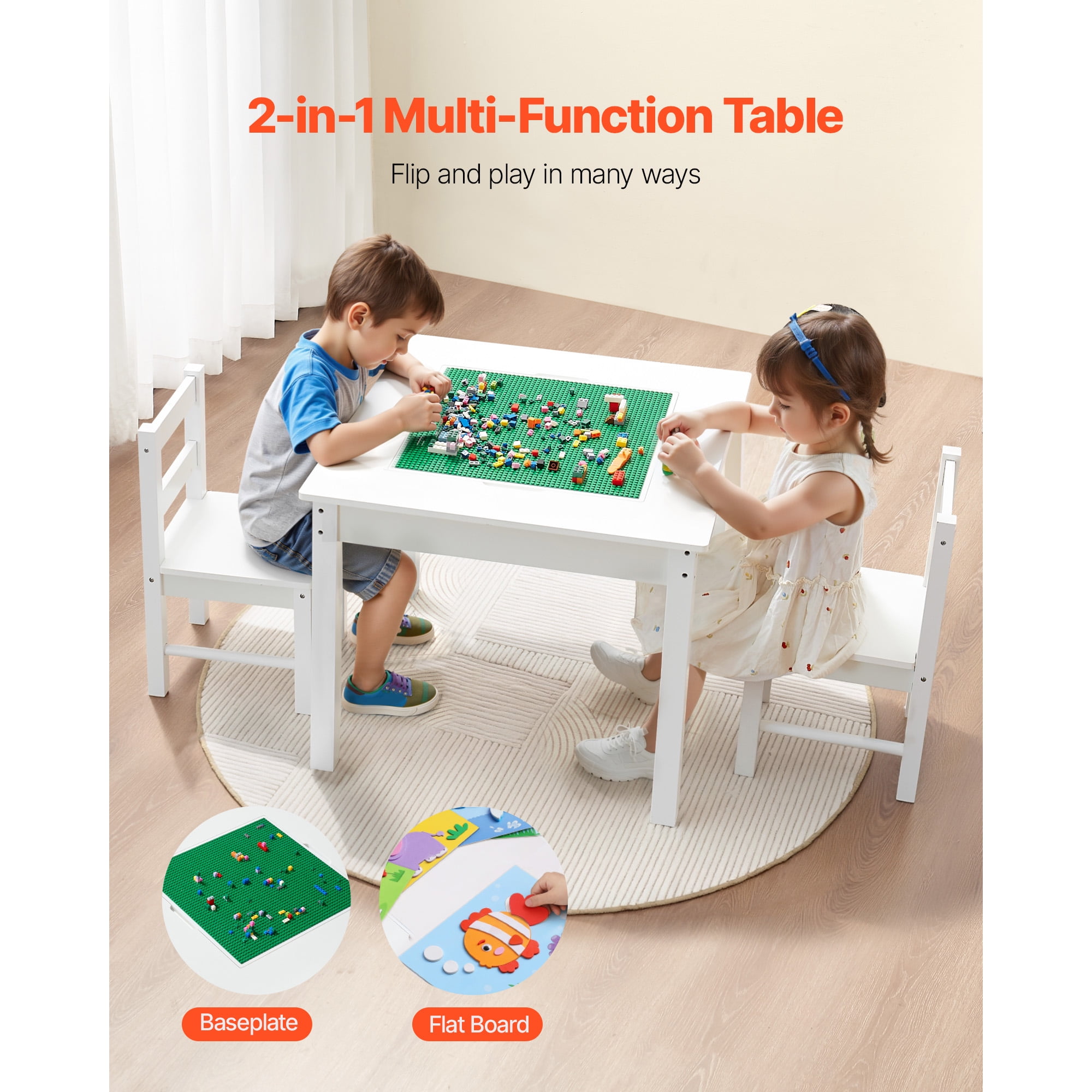 KFFKFF Kids Activity Table and 2 Chairs Set, Double-Sided Building Block Tabletop, Toddler Table and Chair Set with Storage Compartments for Ages 3+, Spacious Design, Gift for Boys and Girls, White
