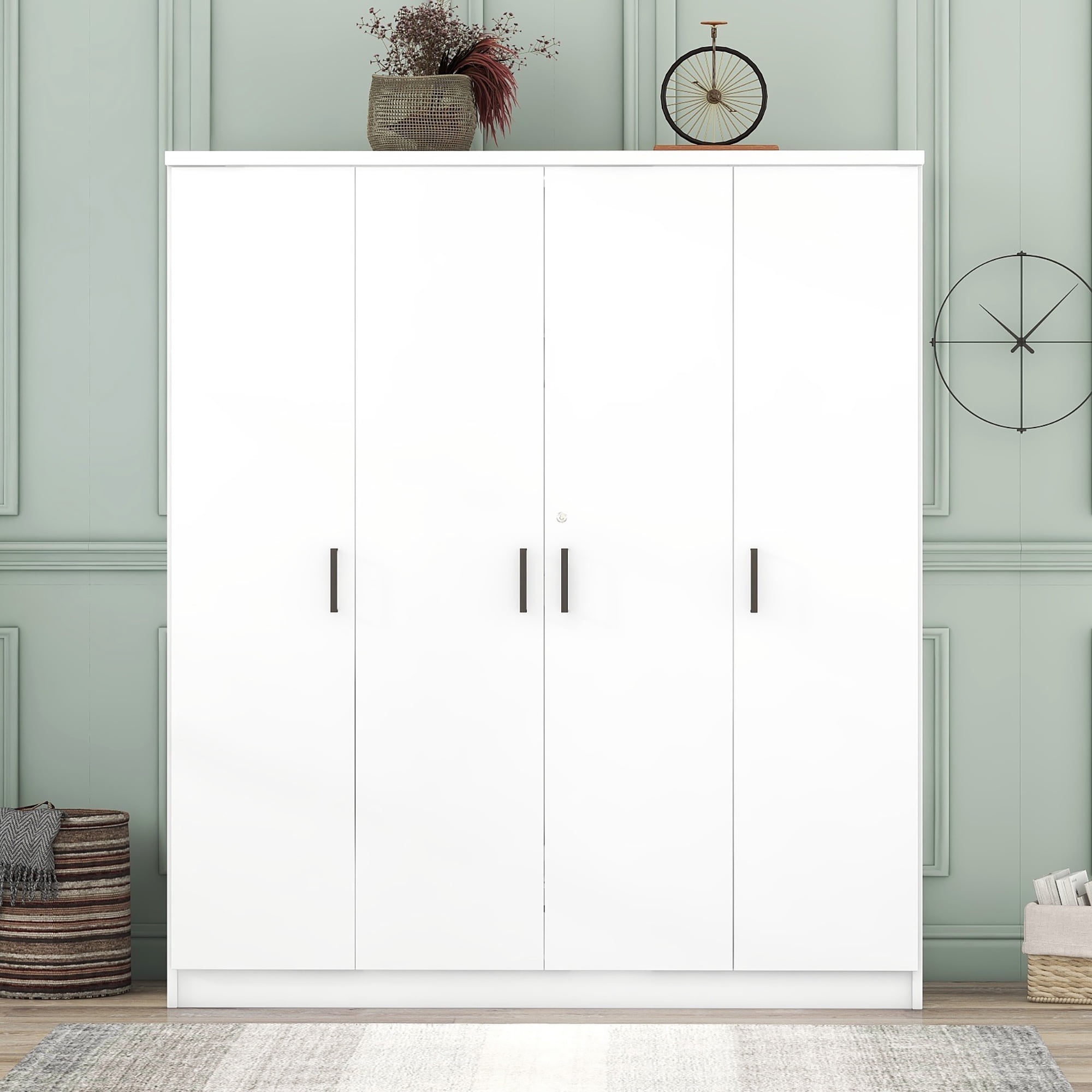 Mintazer Modern 4 Doors Storage Wardrobe with Drawer and 8 Shelves, Freestanding Closet for Apartment Bedroom, White