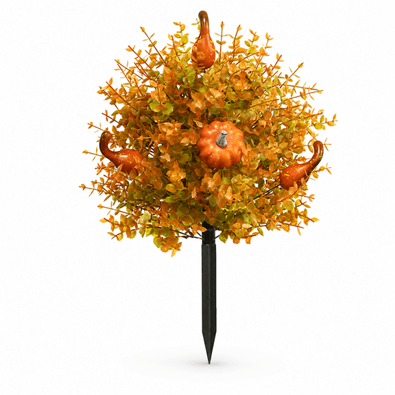 Fall Pumpkin Garden Stake, Autumn Outdoor Yard Decor with Artificial Leaves and Gourd Accents, Thanksgiving Planter Decoration for Lawn Flower Bed and Front Porch