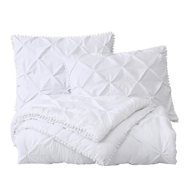 Juego de edredón de 3 piezas con pliegues, juego de cama de microfibra suave lavada con flecos para hotel, dormitorio, habitación de invitados (Queen, blanco)