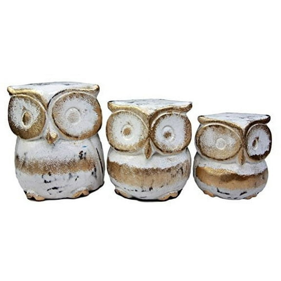 Balikraft Hand Made Wood Artisans "Burung Hantu Suci" White & Gold Forest Owl Family Set of 3 Decorative Figurines 3.75"H