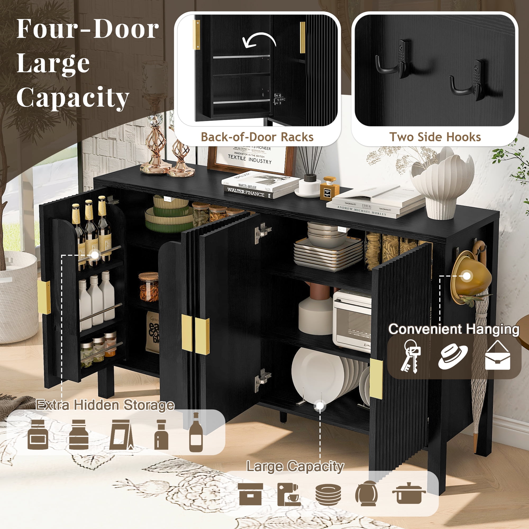 Storage Cabinet with 4 Doors, Modern Sideboard with Back-of-Door Racks & Side Hooks, Adjustable Shelves, 57.5" x 15.7" x 35.2", Black