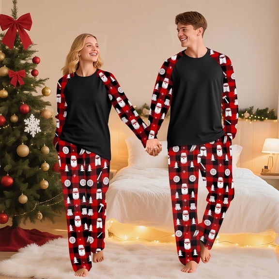 REORIAFEE Womens Christmas Pajamas 2 Piece Set Loungewear Long Sleeve Top and Pant Santa Graphic Soft Sleepwear Black S-2XL