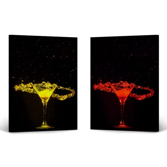 Smile Art Design Yellow Red Alcohol Cocktails Splashing 2 Piece Kitchen Canvas Wall Art Print Set Restaurant Cafe Bar Pub Man Cave Dining Room Decor Modern Housewarming Gift Ready to Hang (22x15)x2