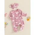 thumbnail image 5 of Loicainy Newborn Baby Girls Footies Romper 3 6 12 Months Long Sleeve Crew Neck Frills Zipped Floral Jumpsuit and Headband Fall Spring Clothes, 5 of 9