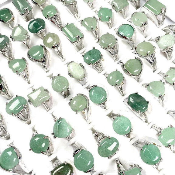 K-KED Wholesale Mixed Lots 20pcs Natural Stone Green Aventurine Silver P Lady's Rings