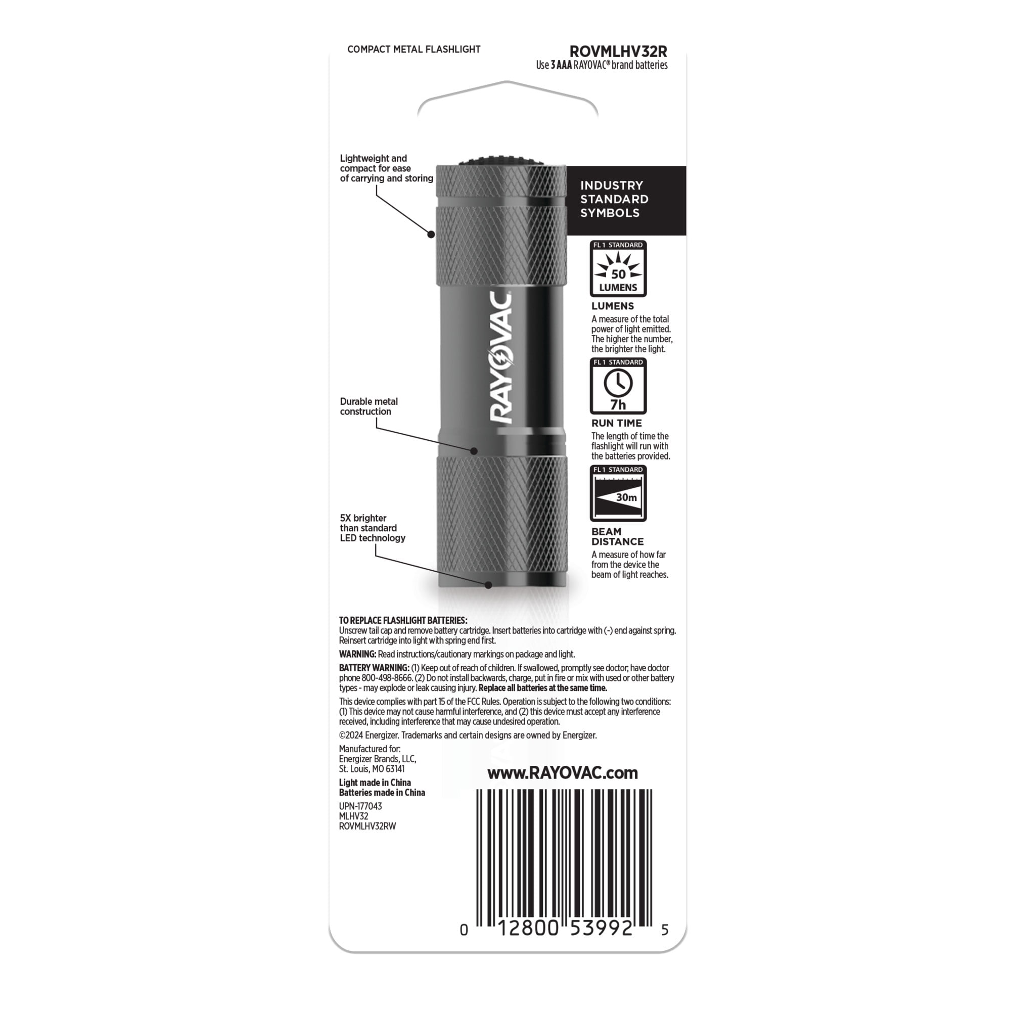Rayovac Compact Metal LED Flashlight, 50 Lumens