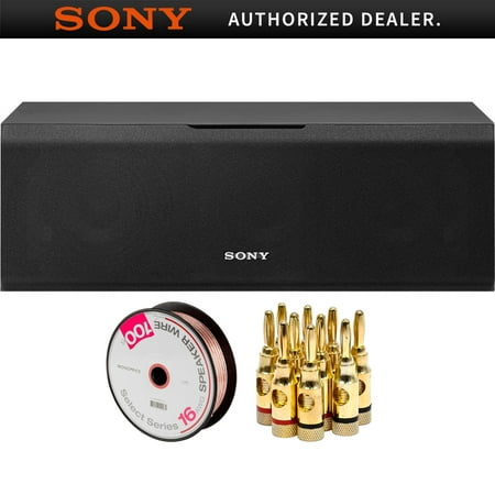 Sony 2-Way 3-Driver Bass Reflex Center Channel Speaker (SS-CS8) with Monoprice Select Series 16 AWG Speaker Wire 100ft & High-Quality Brass Speaker Banana Plugs, 5-Pair, Open Screw