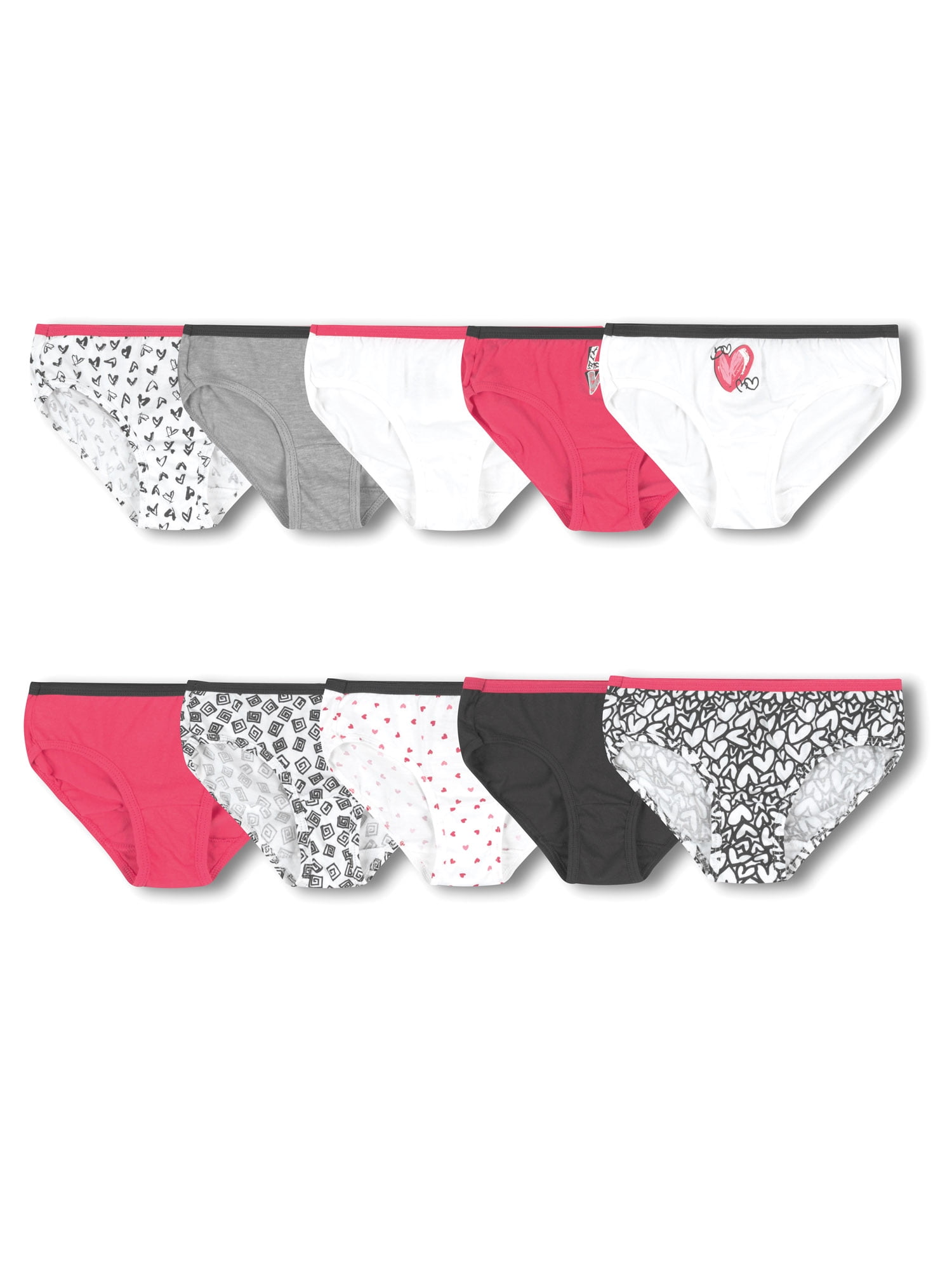 Hanes Girls Underwear, 10 Pack Tagless Hipster Heart Panties Sizes 4 14