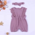 thumbnail image 3 of GYRATEDREAM Summer Newborn Girls Rompers Set Flare Sleeve Solid Print Lace Bodysuit Jumpsuit With Headband, Purple 6-12 Months, 3 of 8
