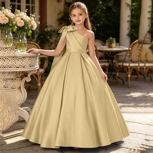 gold flower girl dress Girls One-Shoulder A-Line Floor-Length with Bow for Wedding Formal Pageant,Size 3 T new years eve