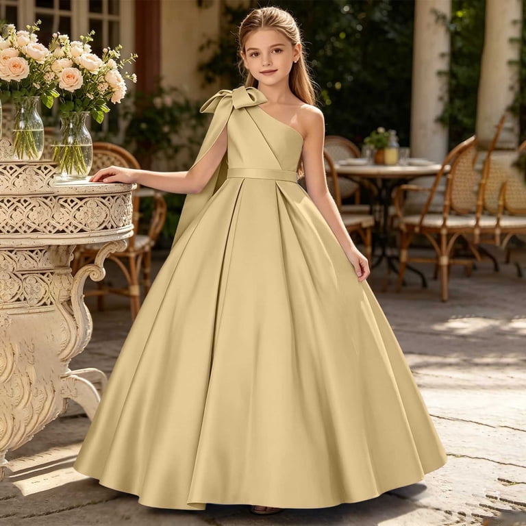 gold formal dress size 10 SGFCWSX Girls One Shoulder Ball Gown Satin Bow Knot Party Wedding Dresses for Kids MAY 25 MD