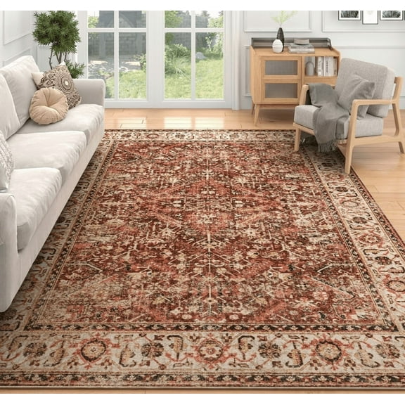 SIXHOME 8'x10' Area Rugs for Living Room Washable Rugs Carpet Vintage Traditional Rugs for Bedroom Dinning Room Office Soft Non Slip Large Area Rug Retro Home Decor Brick Red