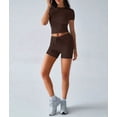 thumbnail image 4 of Women'S Two Piece Sets Summer Slim Fitted Short Sleeve Tops Foldover Shorts Matching Lounge Sets Brown S, 4 of 7