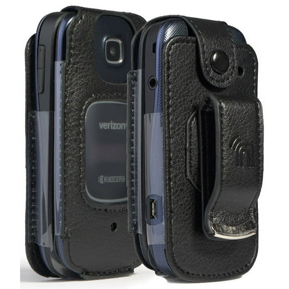 Nakedcellphone Fitted Series compatible with Verizon Kyocera Cadence 4G LTE S2720 Phone Case, [Black Vegan Leather] Form-Fit Cover with [Built-In Screen Protection] and [Metal Belt Clip]