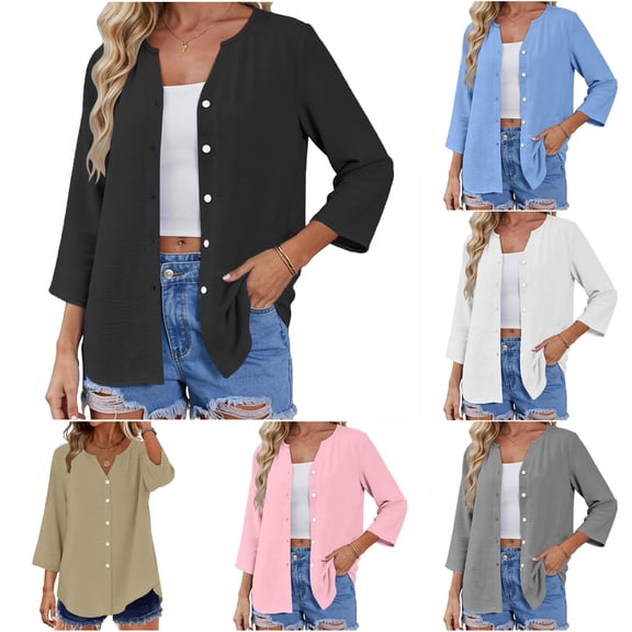 Wxolcjlv Button Front 3/4 Sleeve Cardigan for Women Crew Neck Casual Daily Lightweight Outerwear