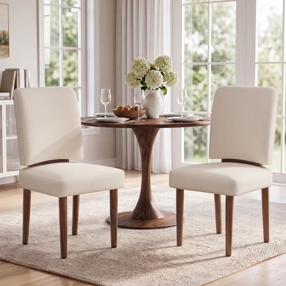 Hijob Upholstered Dining Chairs Set of 2, Mid-Century Modern Solid Wood Legs Kitchen Chairs with Padded Seat & Backrest, Beige Fabric Accent Chairs for Dining Room, Living Room, Bedroom