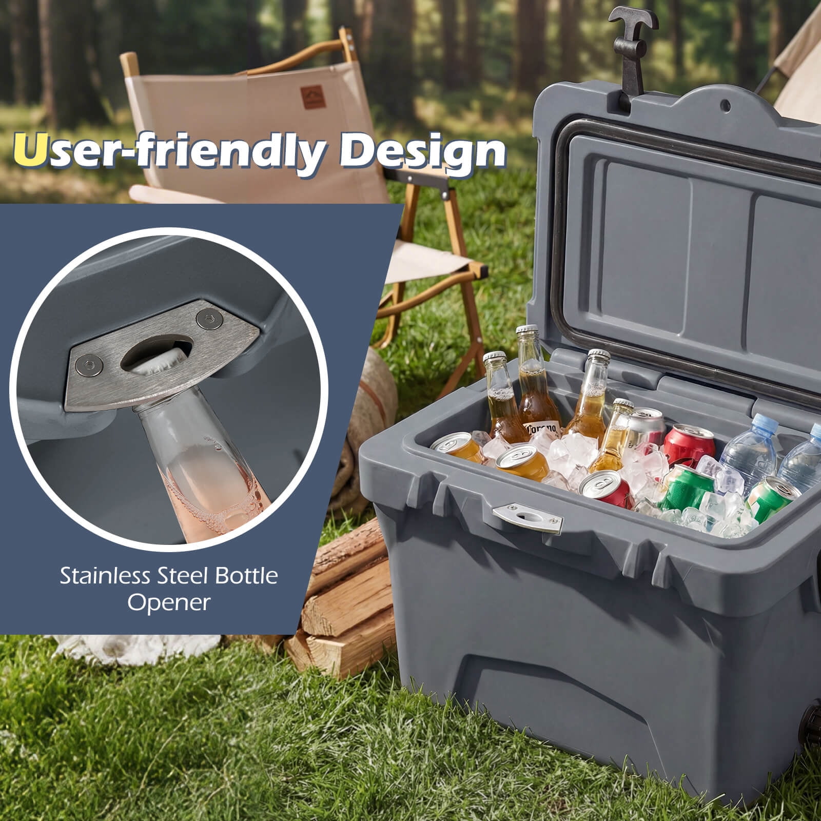 Costway 20 Quart Portable Hard Cooler Insulated Ice Chest Keeps Cool for up to 6 Days Gray