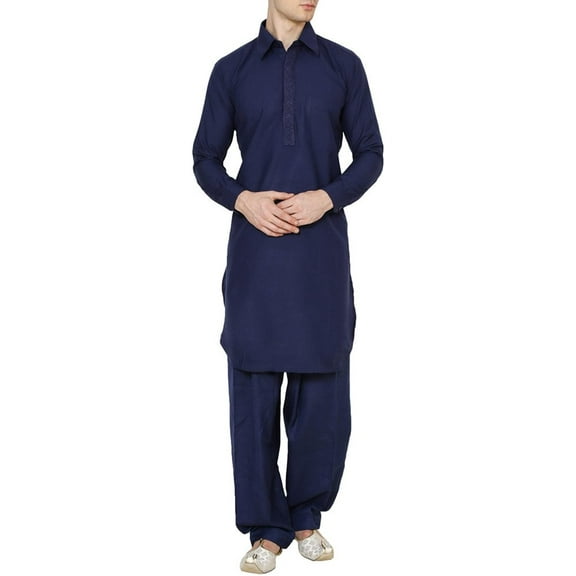 Royal Kurta Men's Polycotton Neck Embroidered Pathani Suit Blue