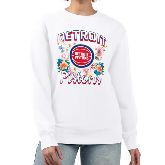 Women's G-III 4Her by Carl Banks White Detroit Pistons Flowers Team Logo Graphic Fleece Crewneck Pullover Sweatshirt