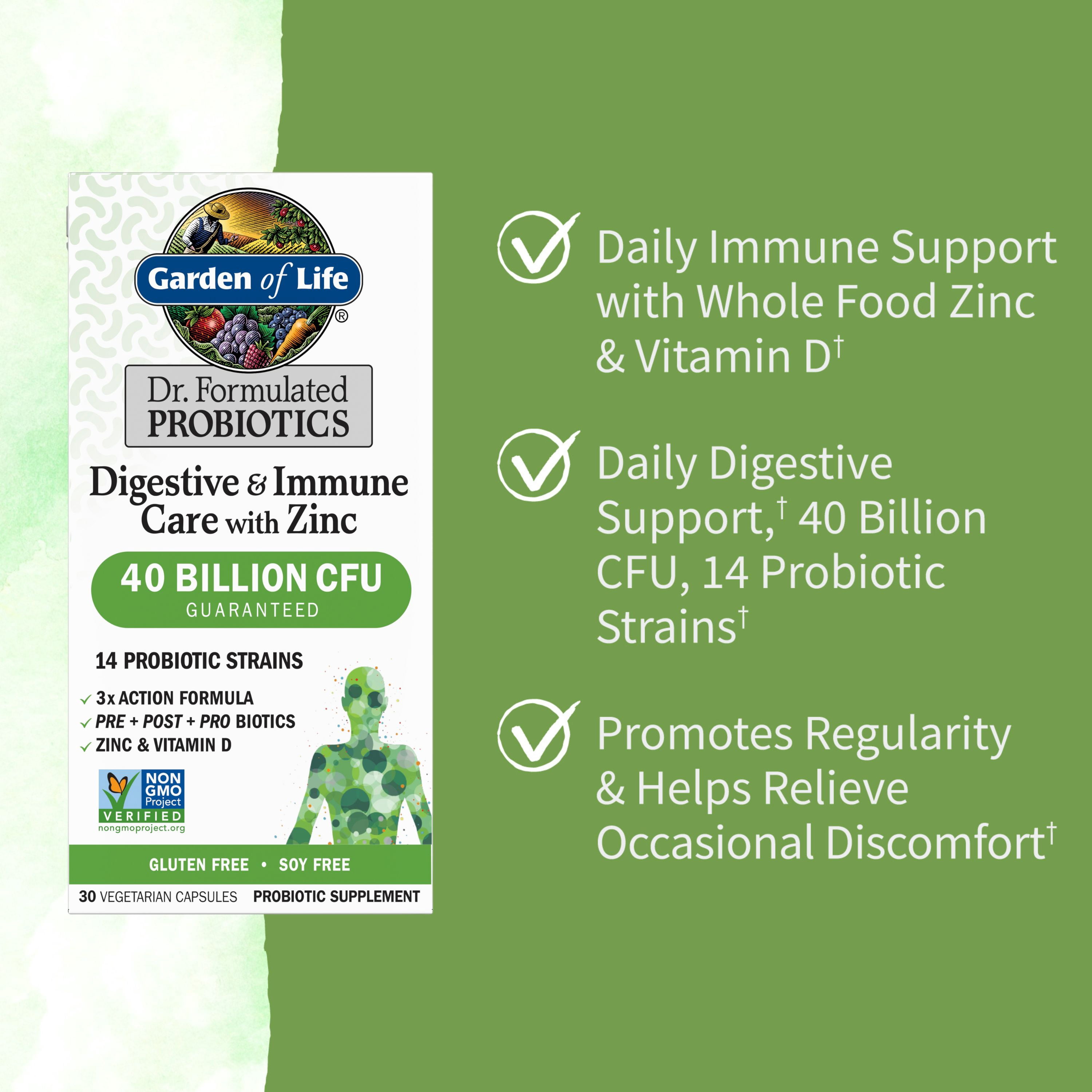Garden of Life Dr. Formulated Digestive & Immune Care Probiotic Capsules with Zinc and Vitamin D, 40 Billion CFU, 30ct Capsules